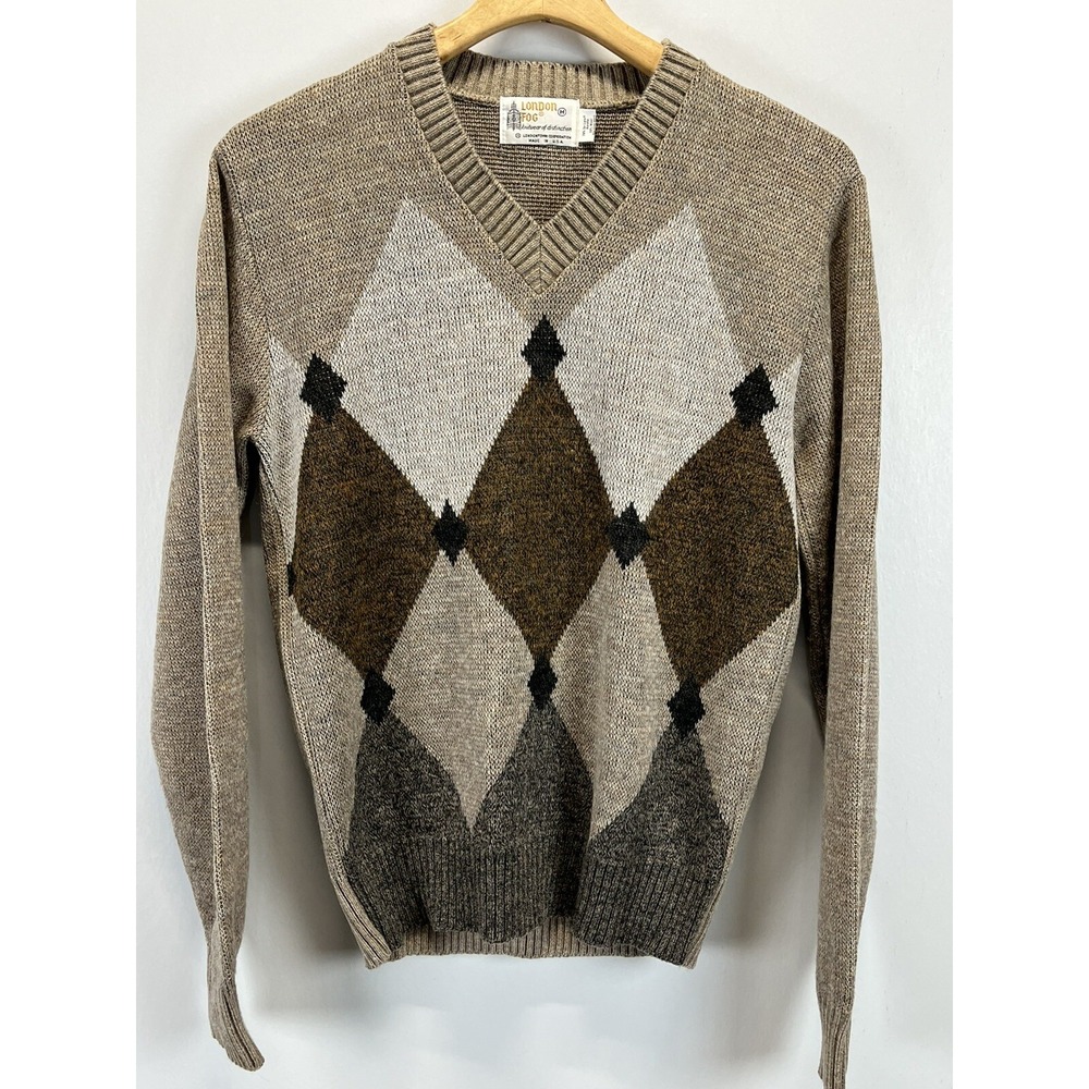 Vtg London Fog Sweater Sz Medium Mens Argyle Grandpa Brown Vneck Pullover USA